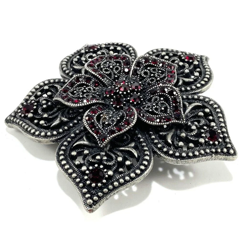 Belt Buckle Women's Star Flower Pedals Double Layer Perforated Red Rhinestones‎